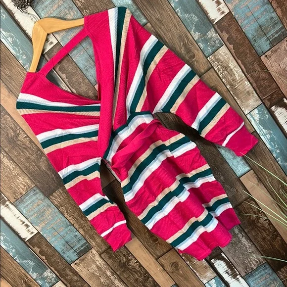 Striped Pink Wrap Sweater belted dress - Picture 11 of 13
